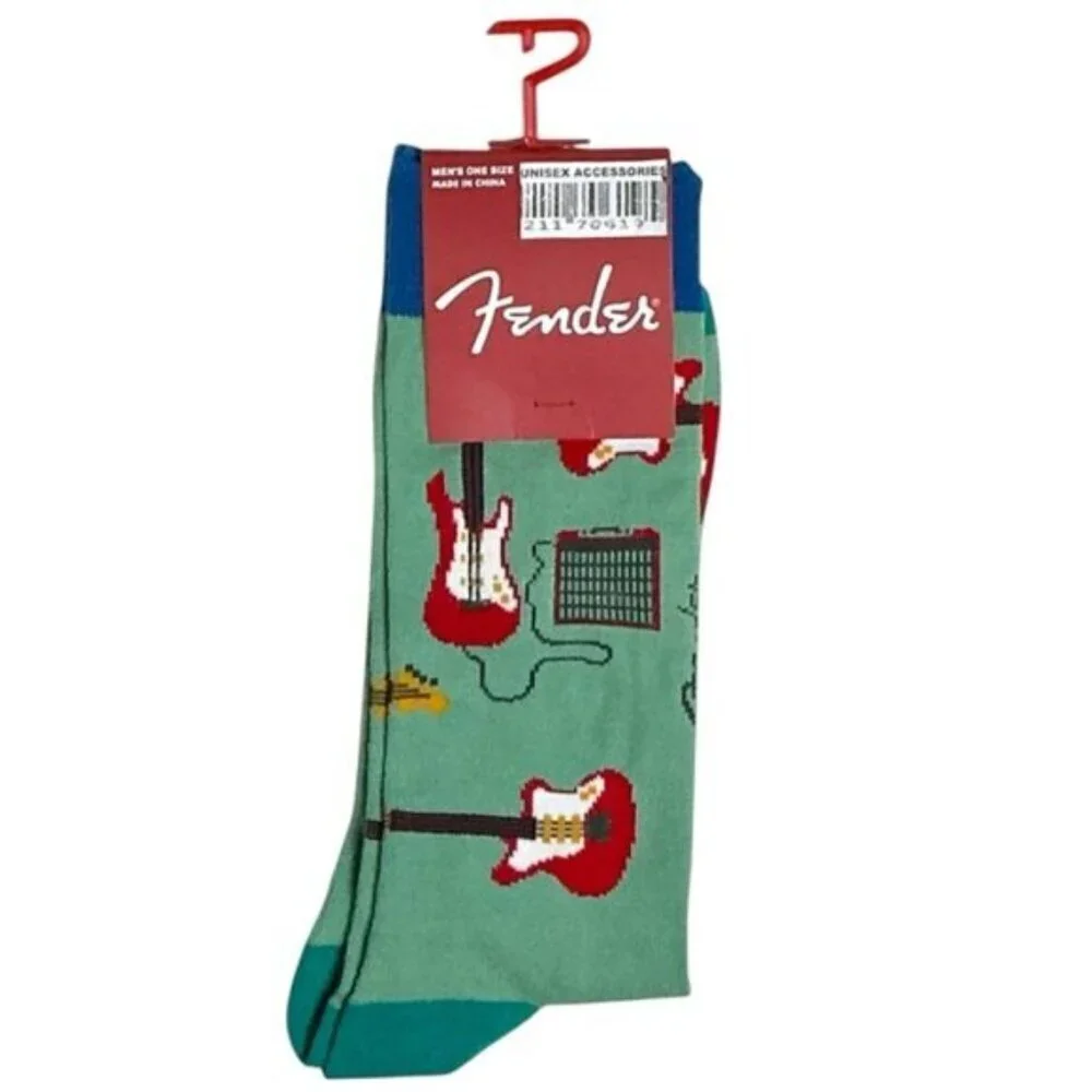 Fender Guitar Crew Socks Novelty Print Seafoam Green Blue Red Unisex Mens 7-12